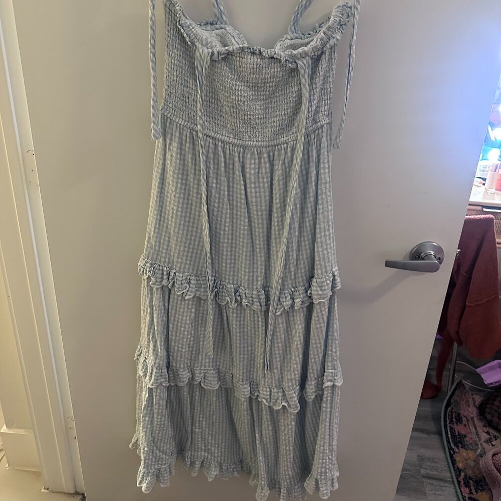 Y.A.S shirred detail tiered midi dress in pale blue check
